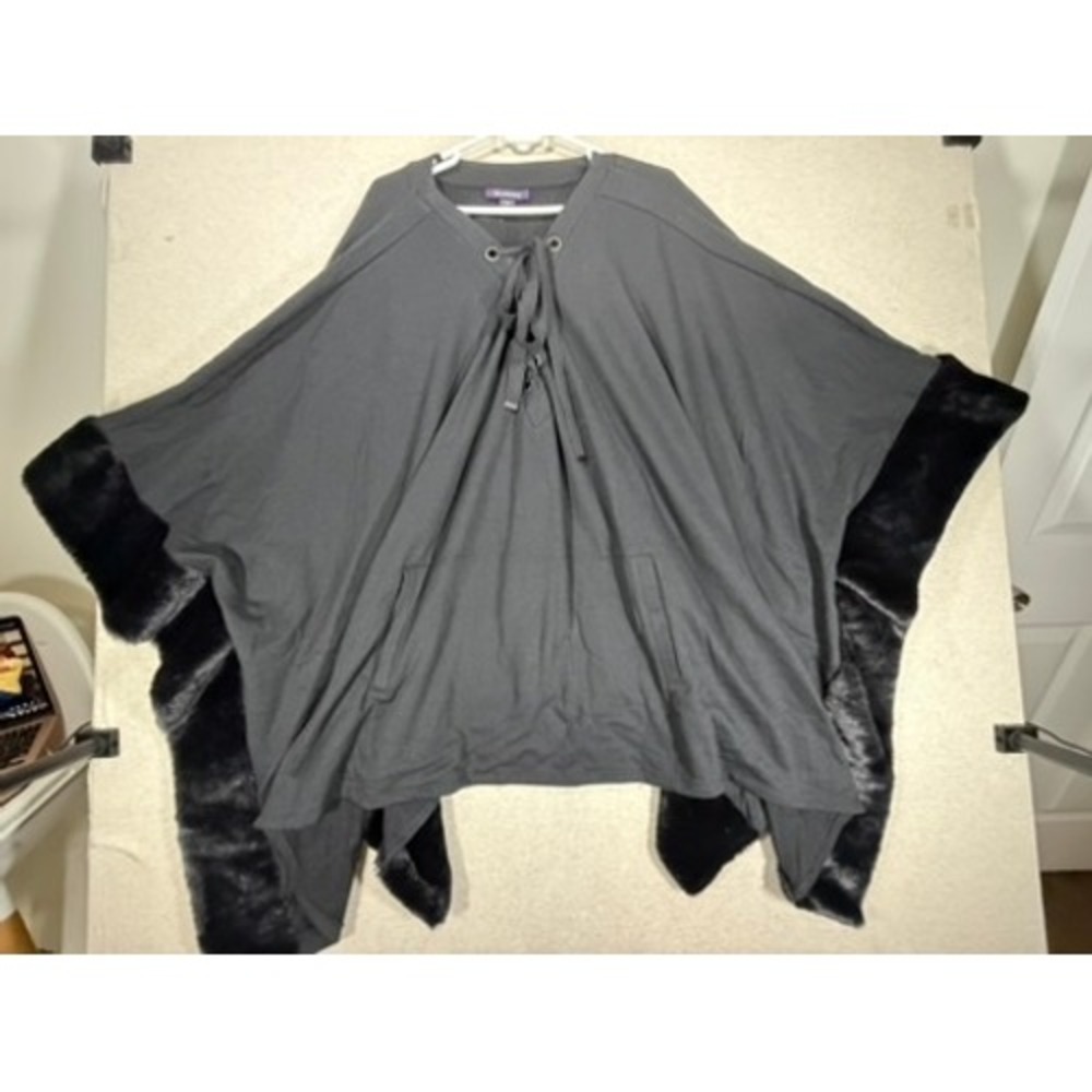 Roaman's Lace-Up Poncho Women 4X Charcoal Gray Excellent Faux Fur Trim Cape